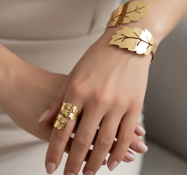 Gold_Gilded_Satin_Petal_Duo_Set_Bracelet_Ring_For_Women
